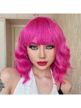 Women's Hot Pink Soft Short Bob Style Synthetic Shoulder Length Curly Wigs